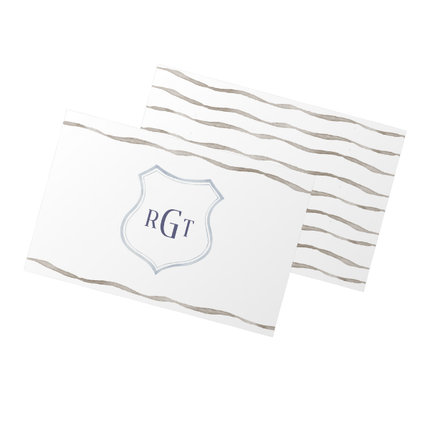White notecard with brown watercolor stripes and monogram 'RGT' on a white background
