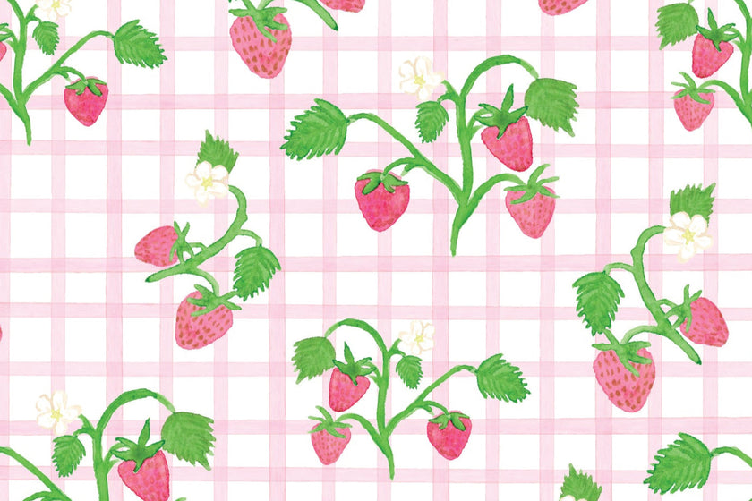 Pink gingham and watercolor strawberry detailing